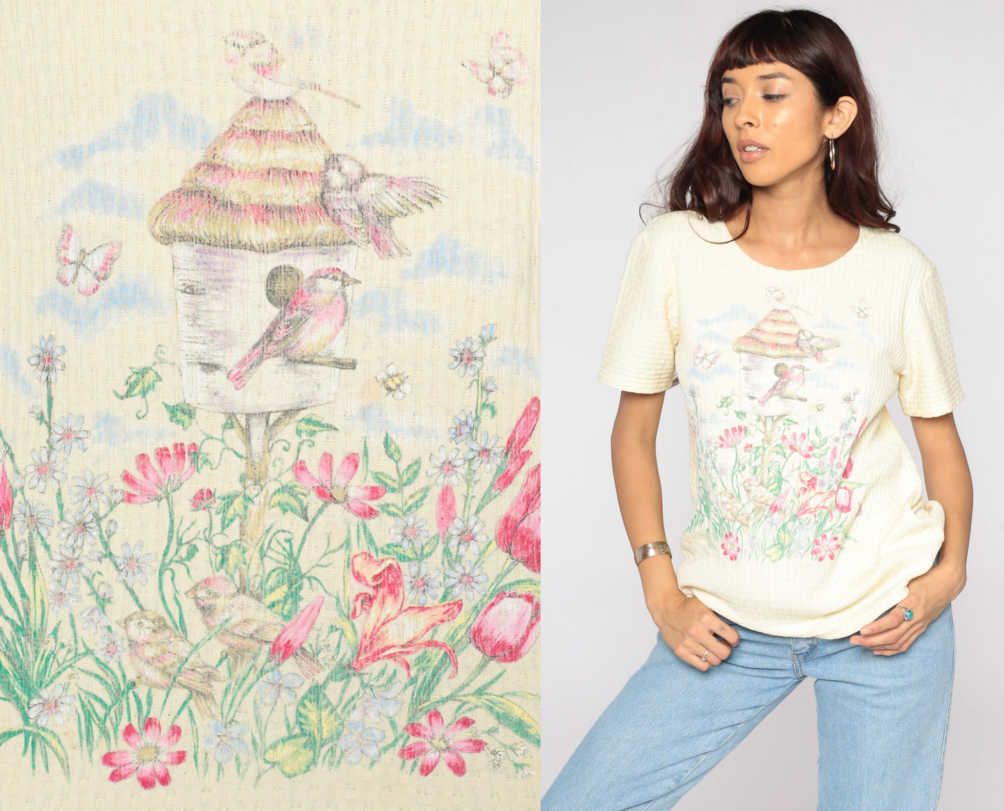 90s Yellow Floral Bird Graphic T-Shirt Ribbed Knit Small S