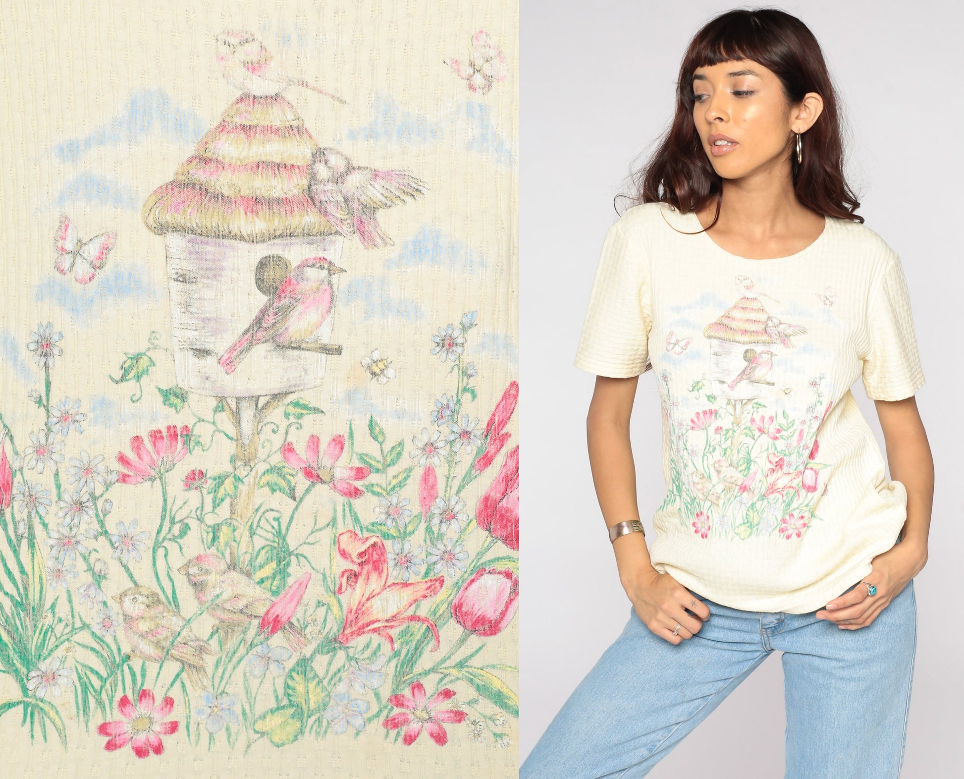90s Yellow Floral Bird Graphic T-Shirt Ribbed Knit Small S