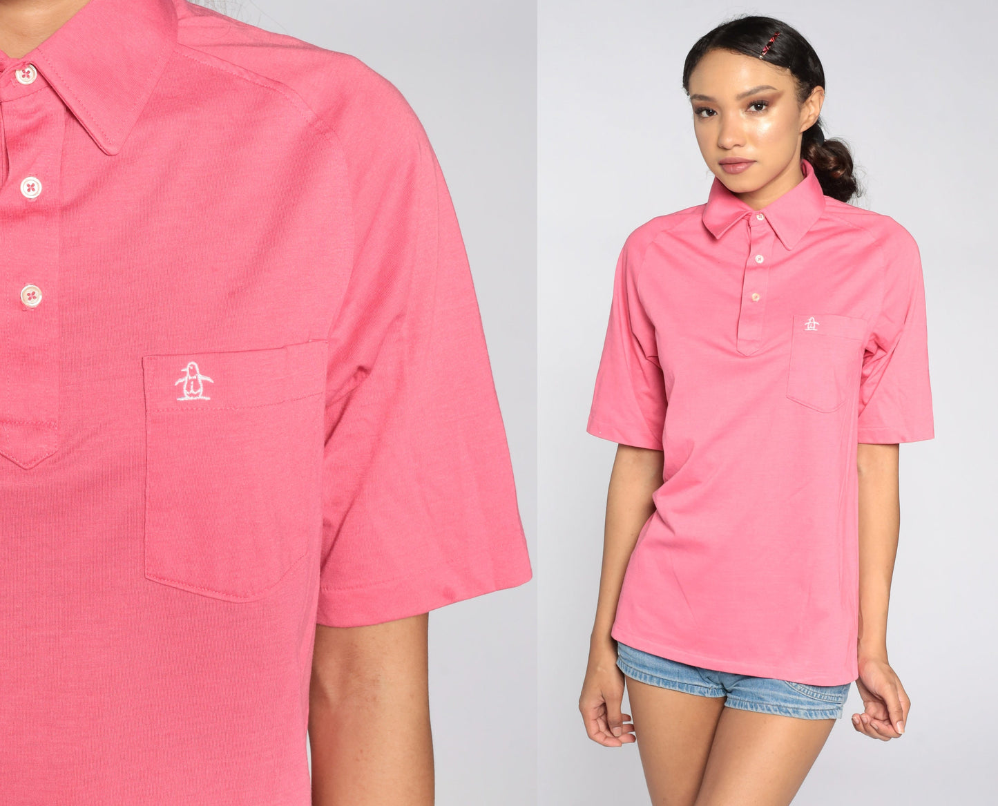 80s Munsingwear Polo Shirt Pink Half-Button Cotton Blend Small Medium