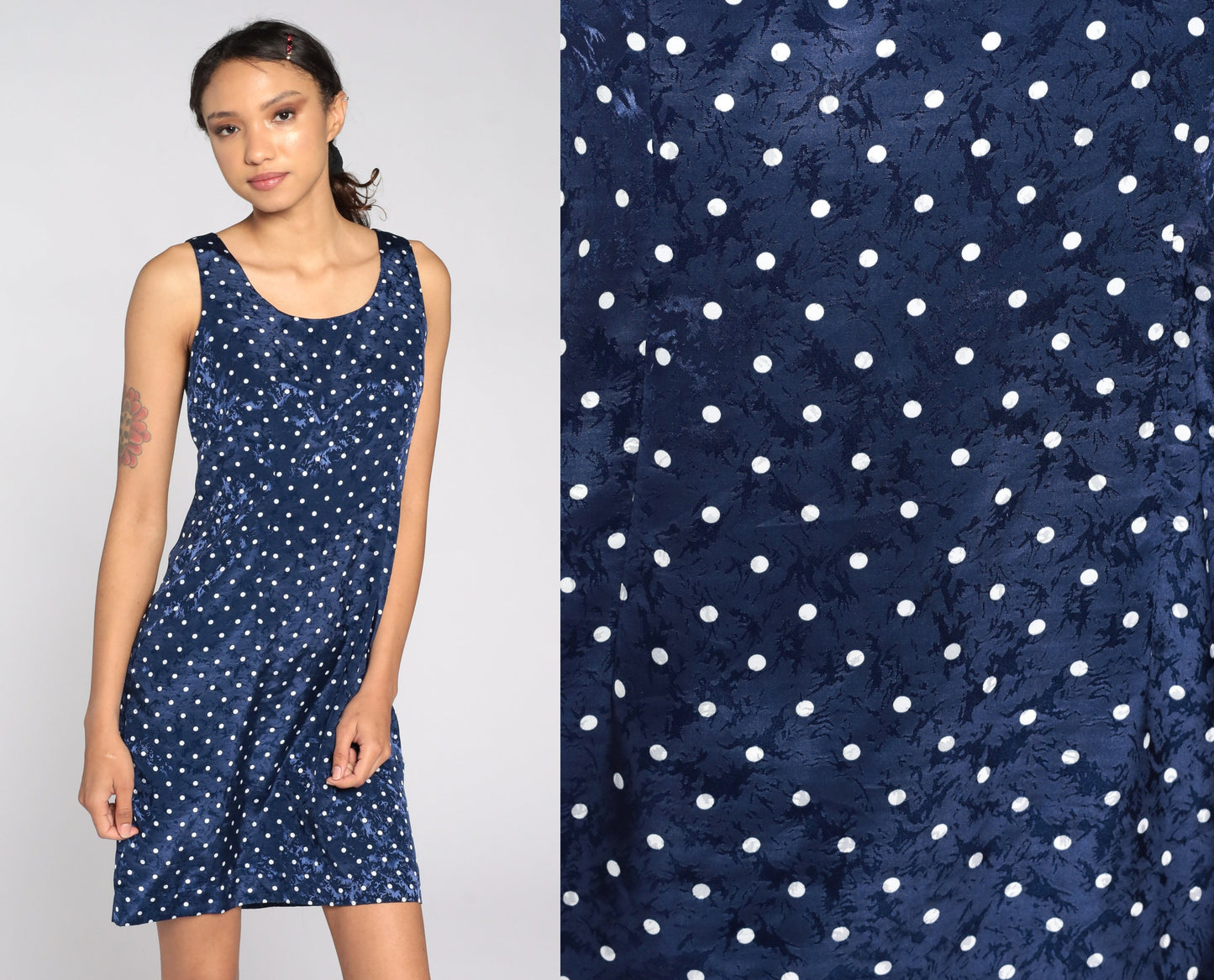 90s Polka Dot Mini Dress Sleeveless Sheath Navy White Embossed Small S