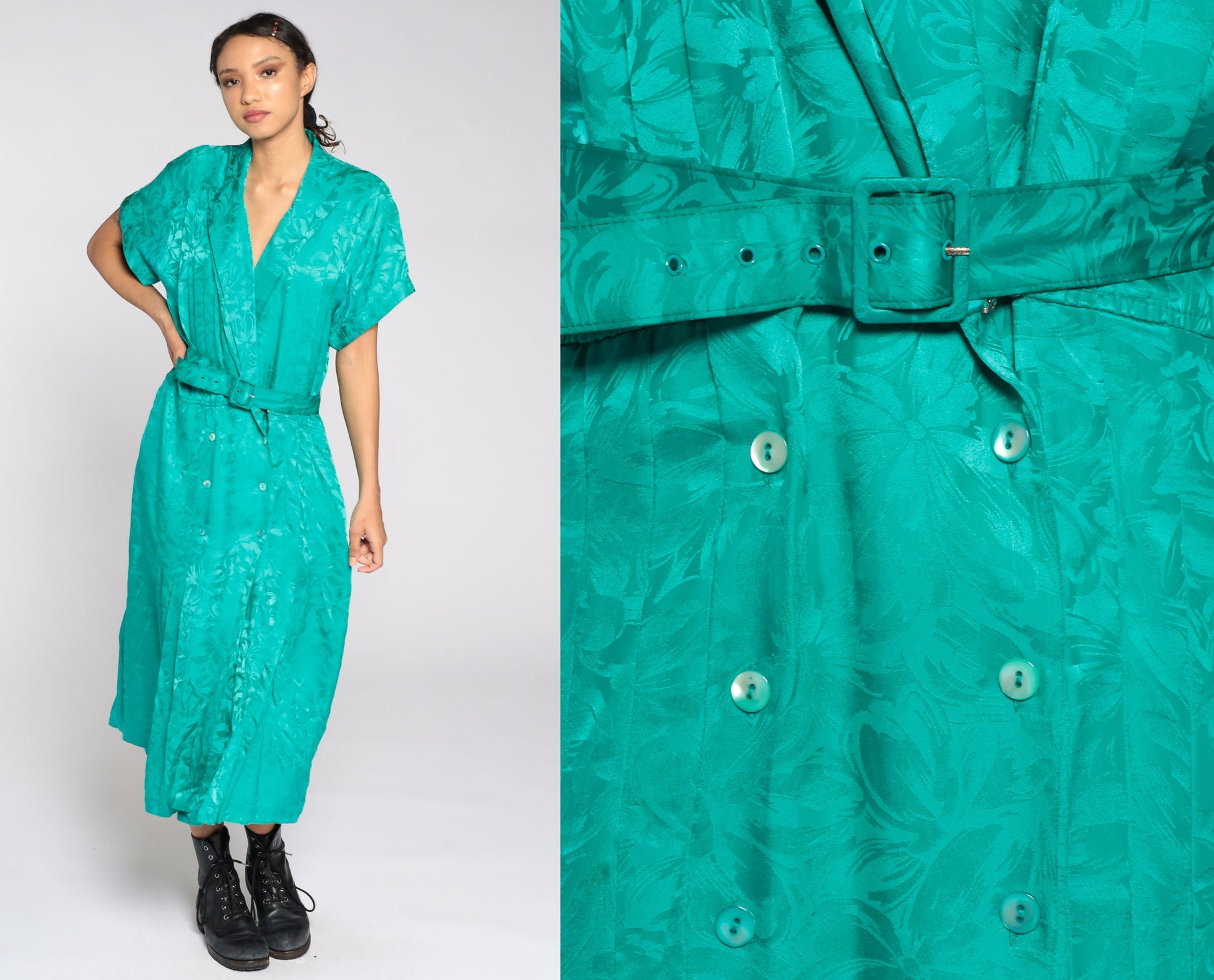 80s Green Wrap Dress High Waisted Deep V Neck Midi Embossed Extra Large
