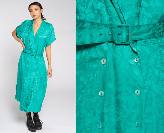 80s Green Wrap Dress High Waisted Deep V Neck Midi Embossed Extra Large
