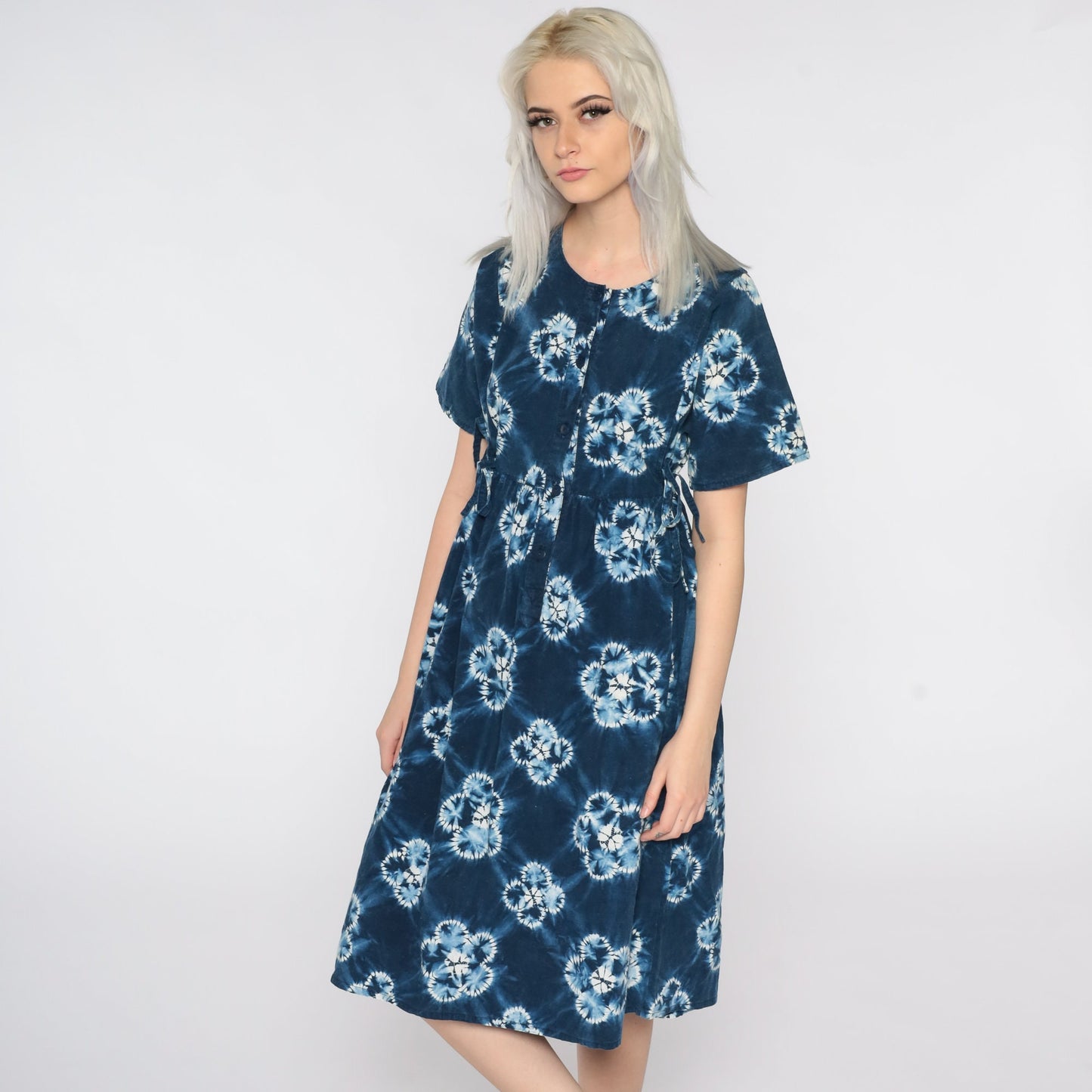 90s Tie Dye Midi Dress Blue Floral Empire Waist Button Front Cotton Medium