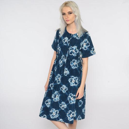 90s Tie Dye Midi Dress Blue Floral Empire Waist Button Front Cotton Medium