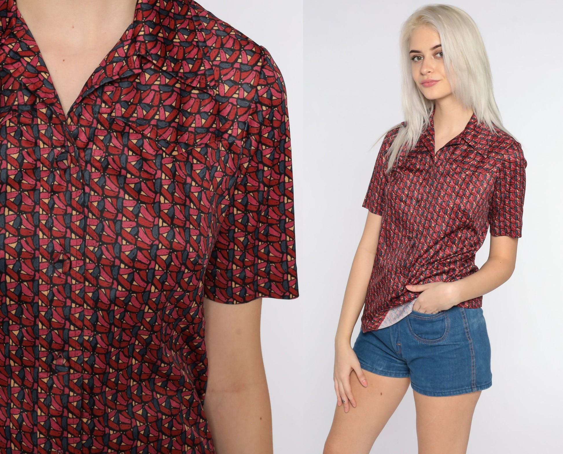 70s Geometric Print Disco Shirt Red Button-Up Blouse Short Sleeve Small S