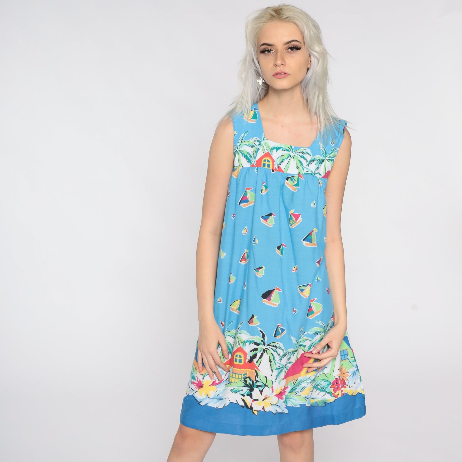 80s Sailboat Tropical Print Trapeze Dress Sleeveless Mini Cotton Small