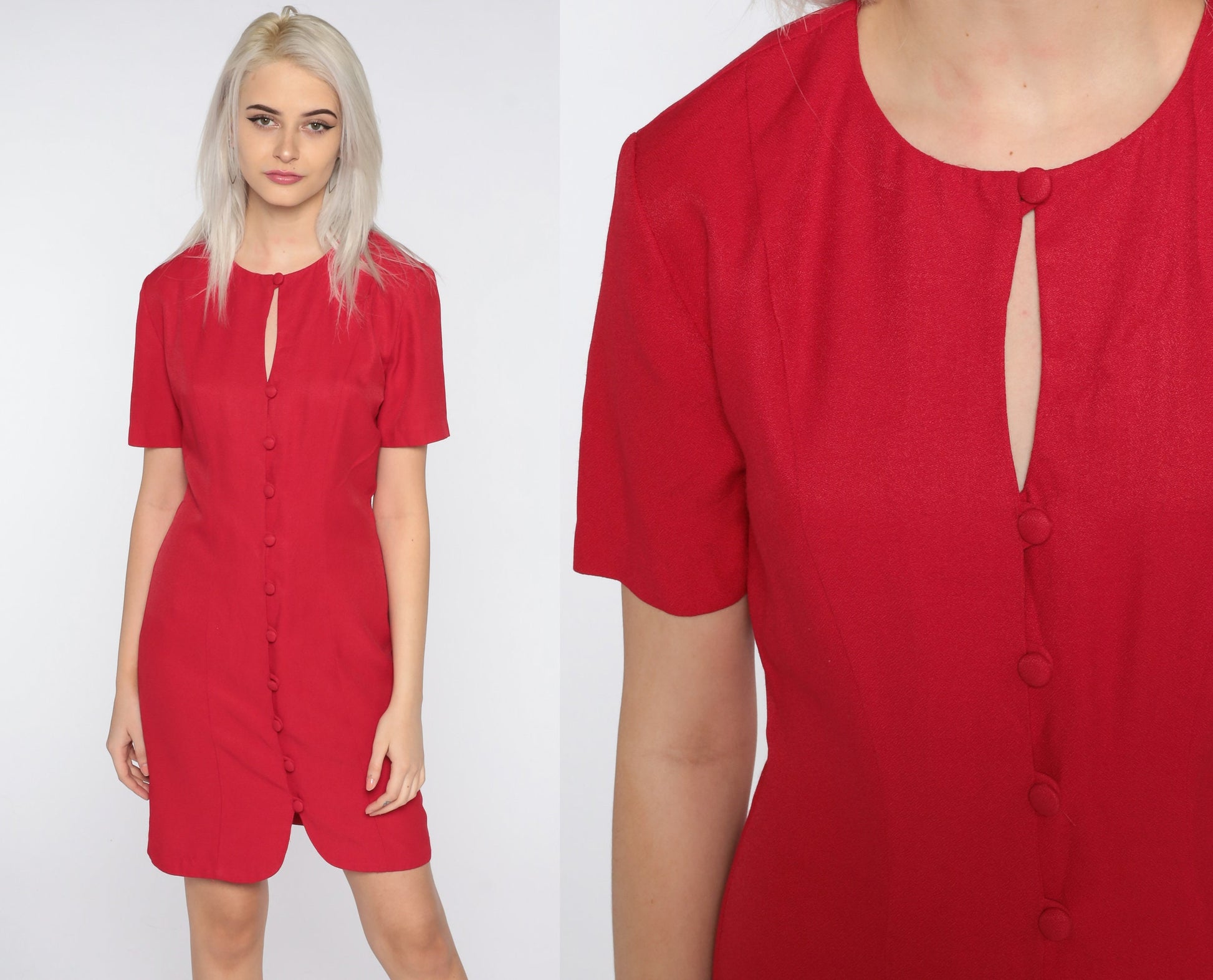 90s Red Mini Shift Dress Button Front Keyhole Short Sleeve Small