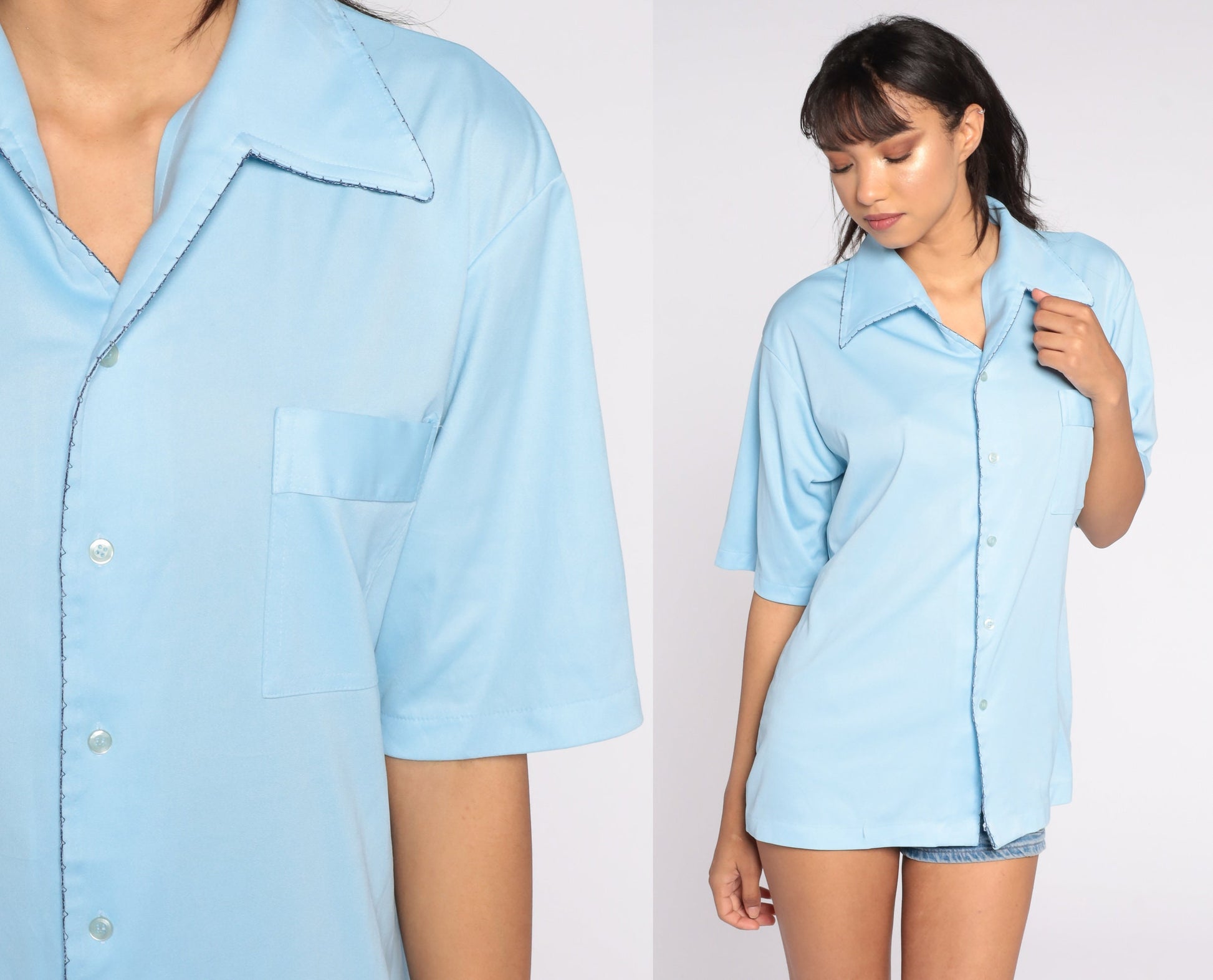 70s Baby Blue Button-Up Shirt Pointed Collar Short Sleeve Men's Large