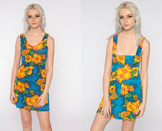 90s Floral Bodycon Mini Dress Blue Yellow Sleeveless Small Medium