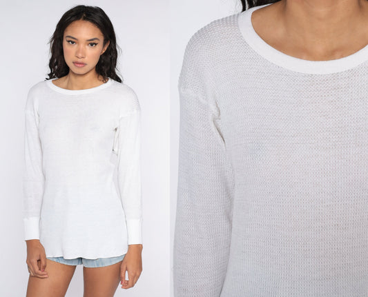 80s White Thermal Waffle Knit Long Sleeve Undershirt Medium