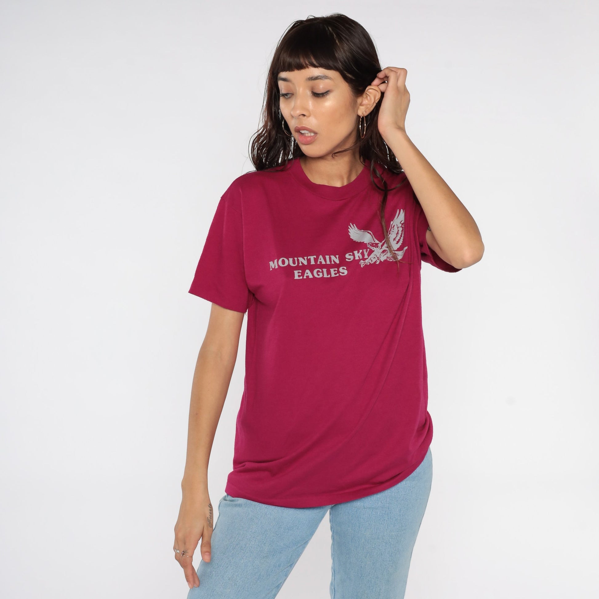 80s Mountain Sky Eagles Graphic T-Shirt Raspberry Red Large