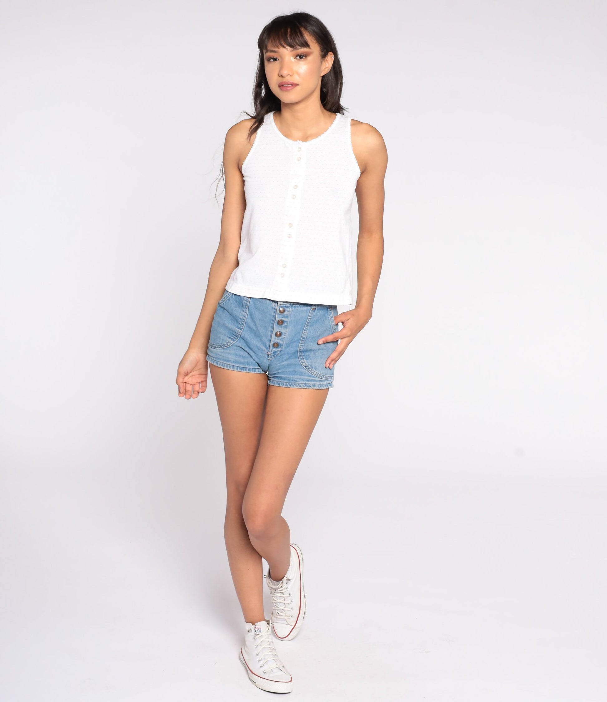 80s White Polka Dot Tank Top Button Front Cotton Sleeveless Small