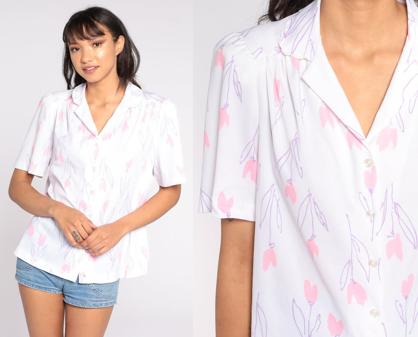 80s Floral Puff Sleeve Button-Up Blouse White Pink Extra Large