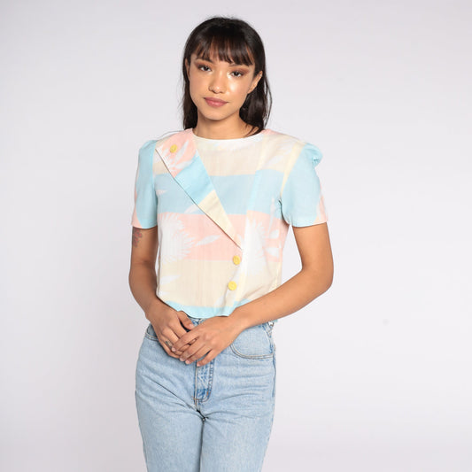 80s Pastel Floral Crop Top Puff Sleeve Blouse Yellow Peach Small