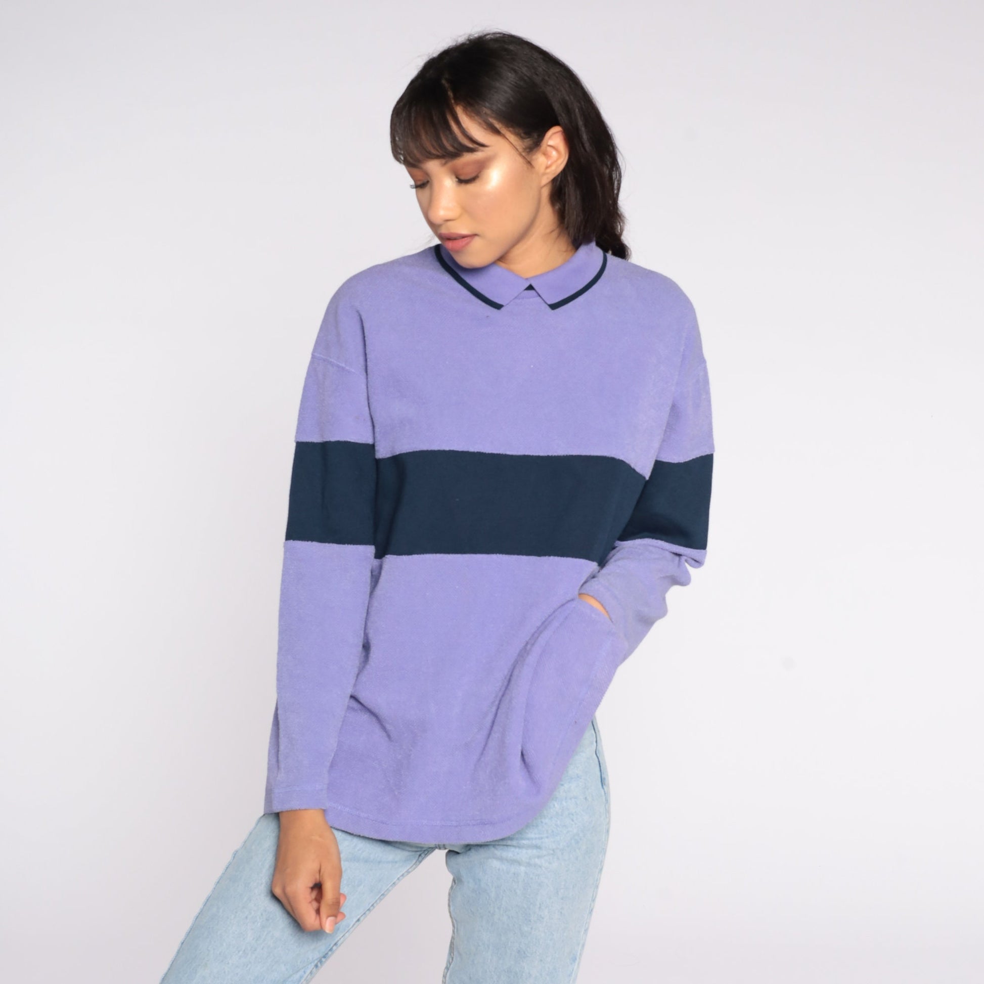 80s Purple Navy Striped Sweatshirt Collared Pullover Petite Medium
