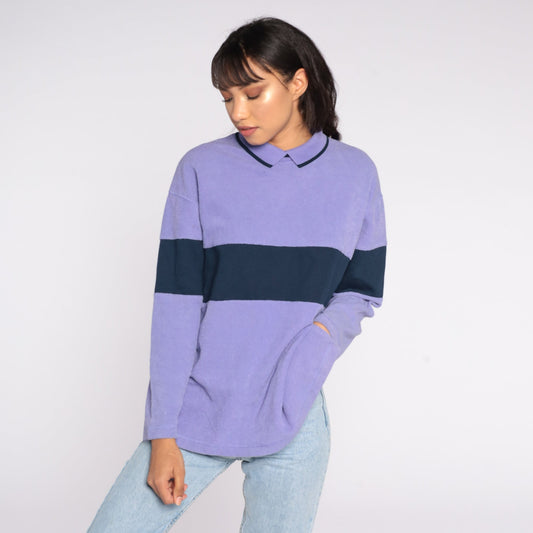 80s Purple Navy Striped Sweatshirt Collared Pullover Petite Medium