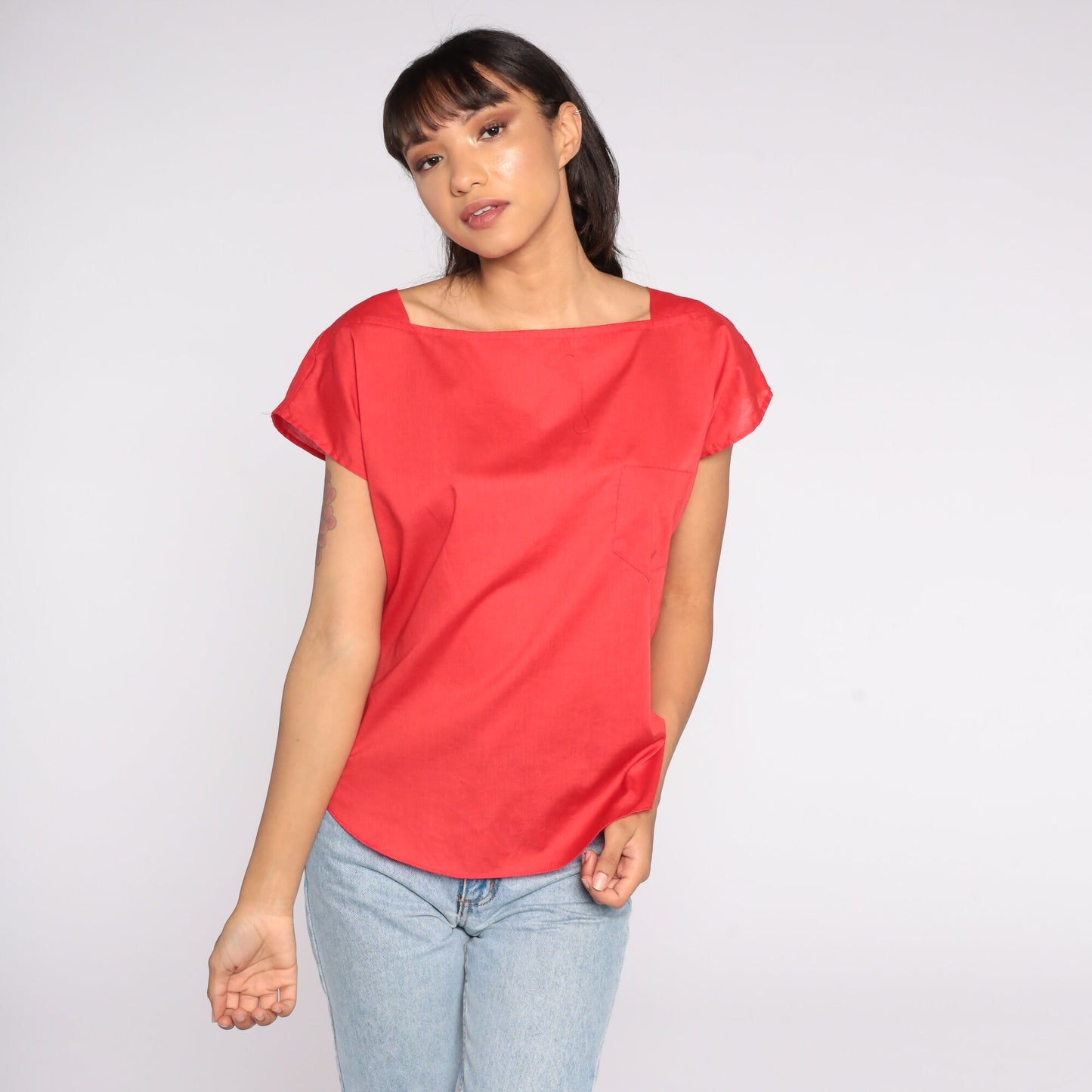 80s Red Cap Sleeve Blouse Cotton Blend Plain Shirt Large L