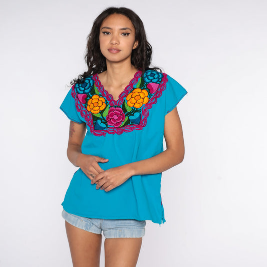 90s Mexican Embroidered Floral Blouse Tunic White Cotton Large