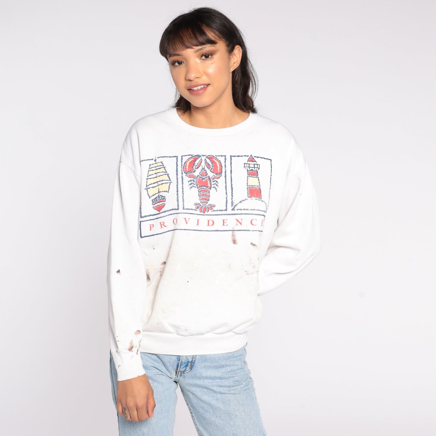 90s Providence Rhode Island Lobster Sweatshirt Paint Splatter Distressed Large