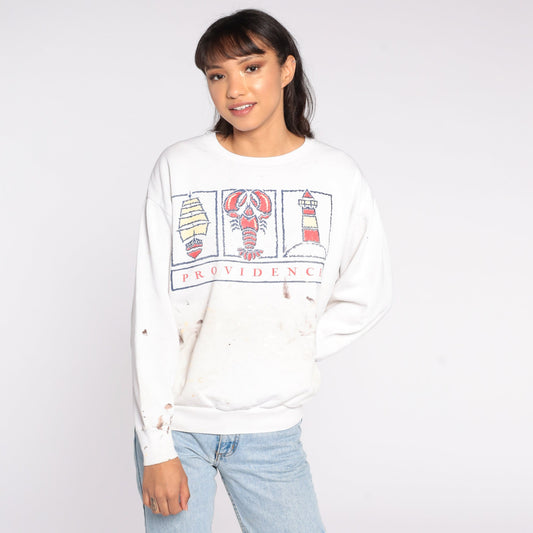 90s Providence Rhode Island Lobster Sweatshirt Paint Splatter Distressed Large