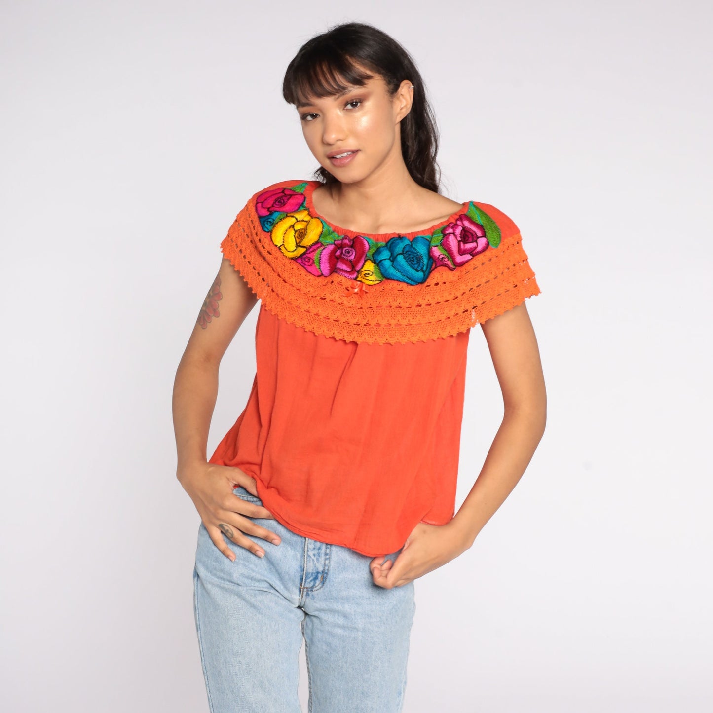 90s Mexican Embroidered Cotton Tunic Blouse Orange Floral Off-Shoulder Small