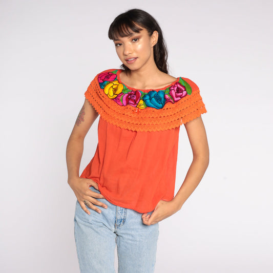 90s Mexican Embroidered Cotton Tunic Blouse Orange Floral Off-Shoulder Small