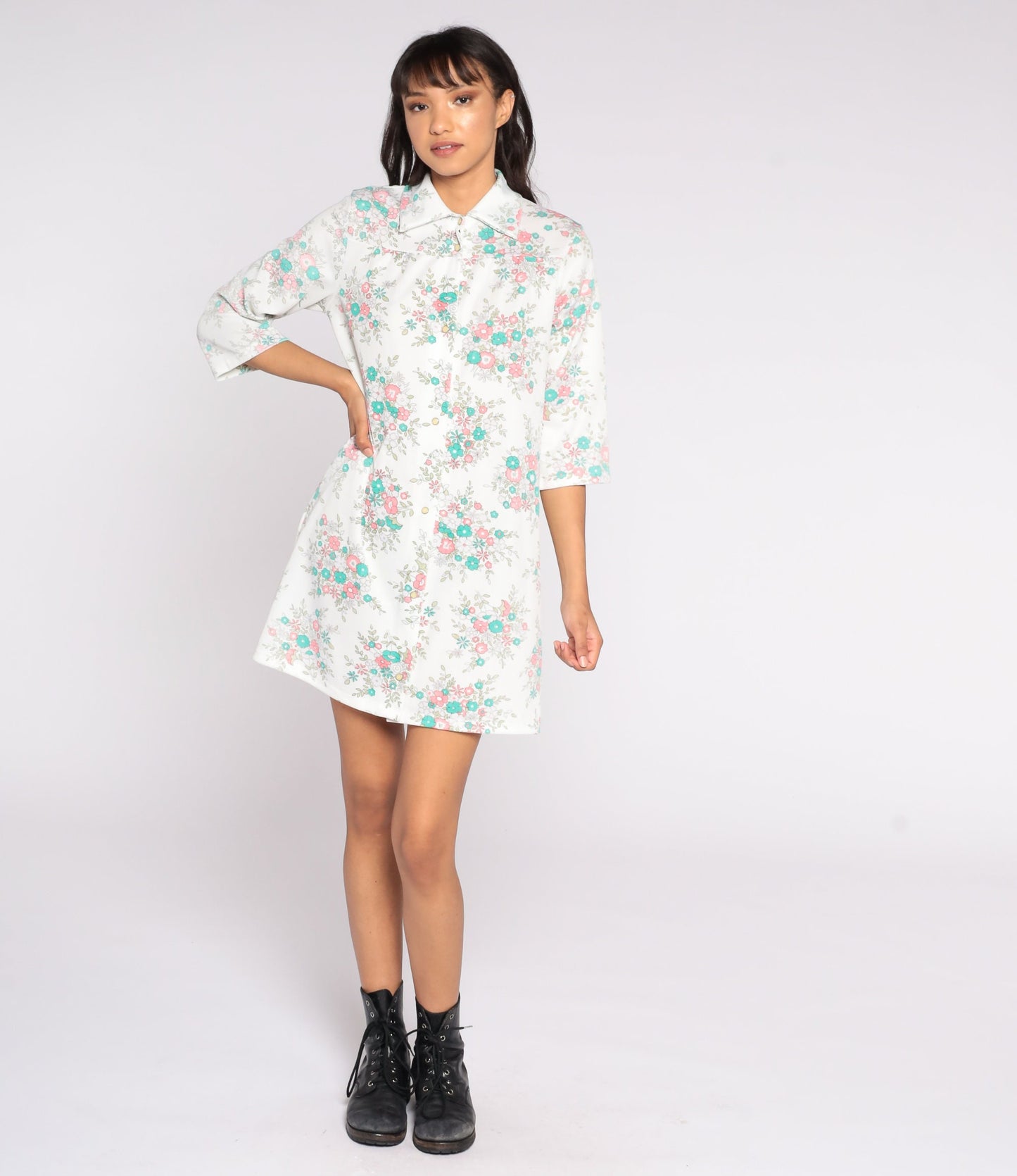 60s Floral Print Shift Dress White Button-Up Lounge Tunic Medium Large