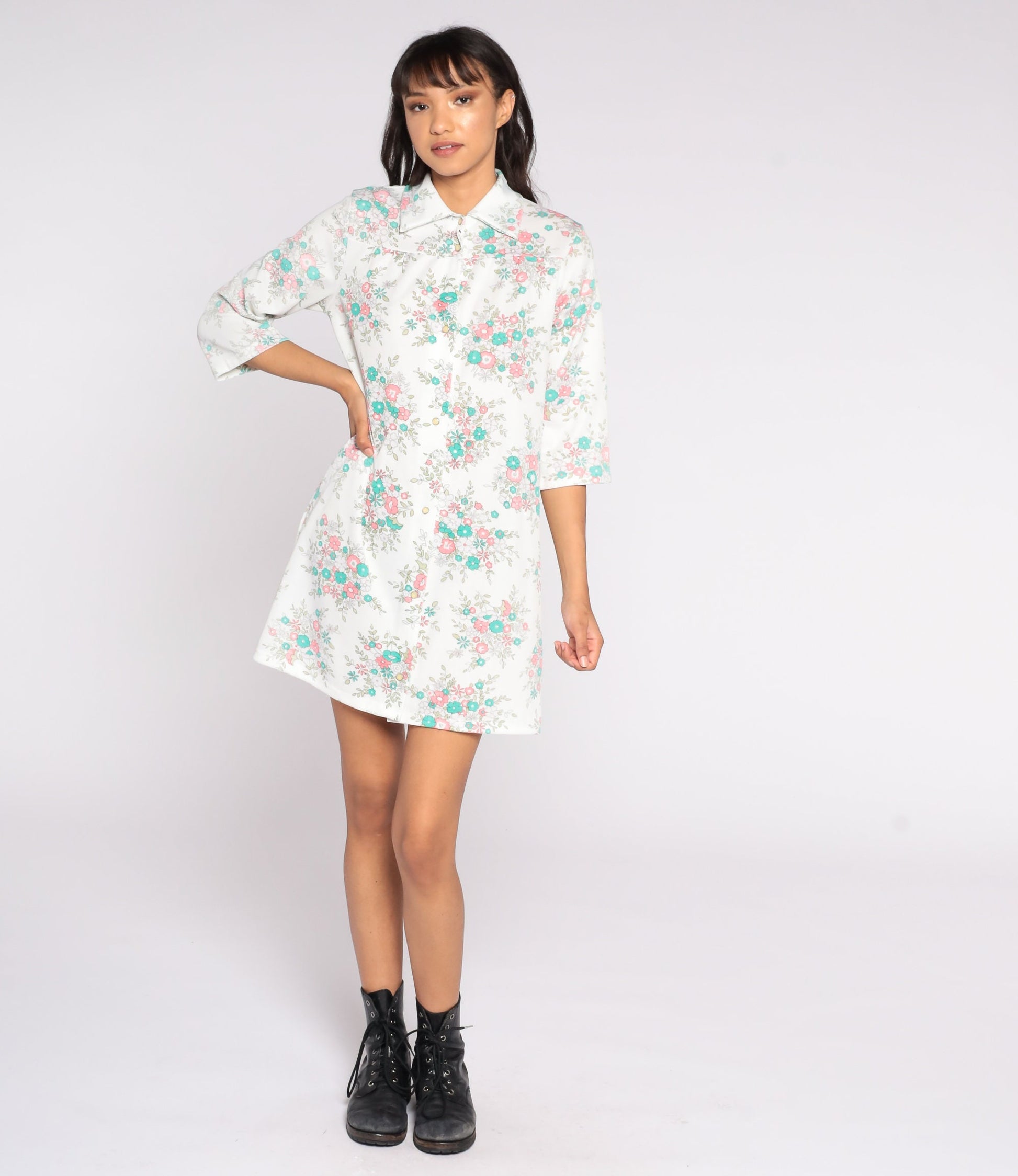 60s Floral Print Shift Dress White Button-Up Lounge Tunic Medium Large