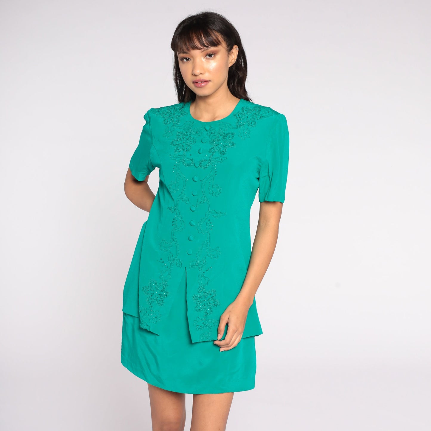90s Green Beaded Soutache Mini Dress Button-Up Sheath Short Sleeve Medium