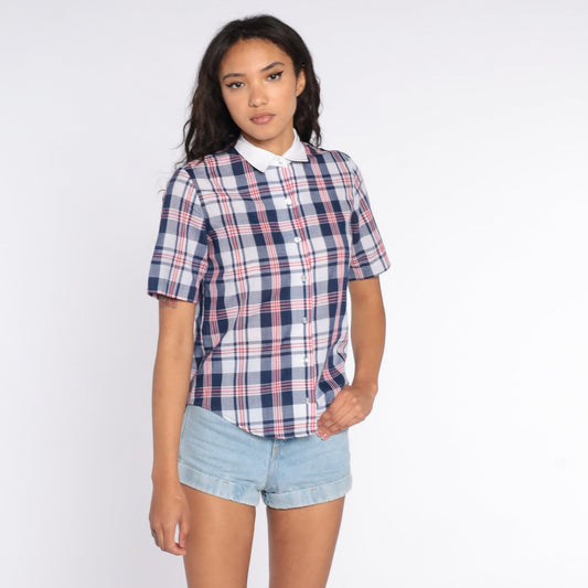80s Blue Plaid Button-Up Shirt Short Sleeve Checkered Cotton Blouse Small S
