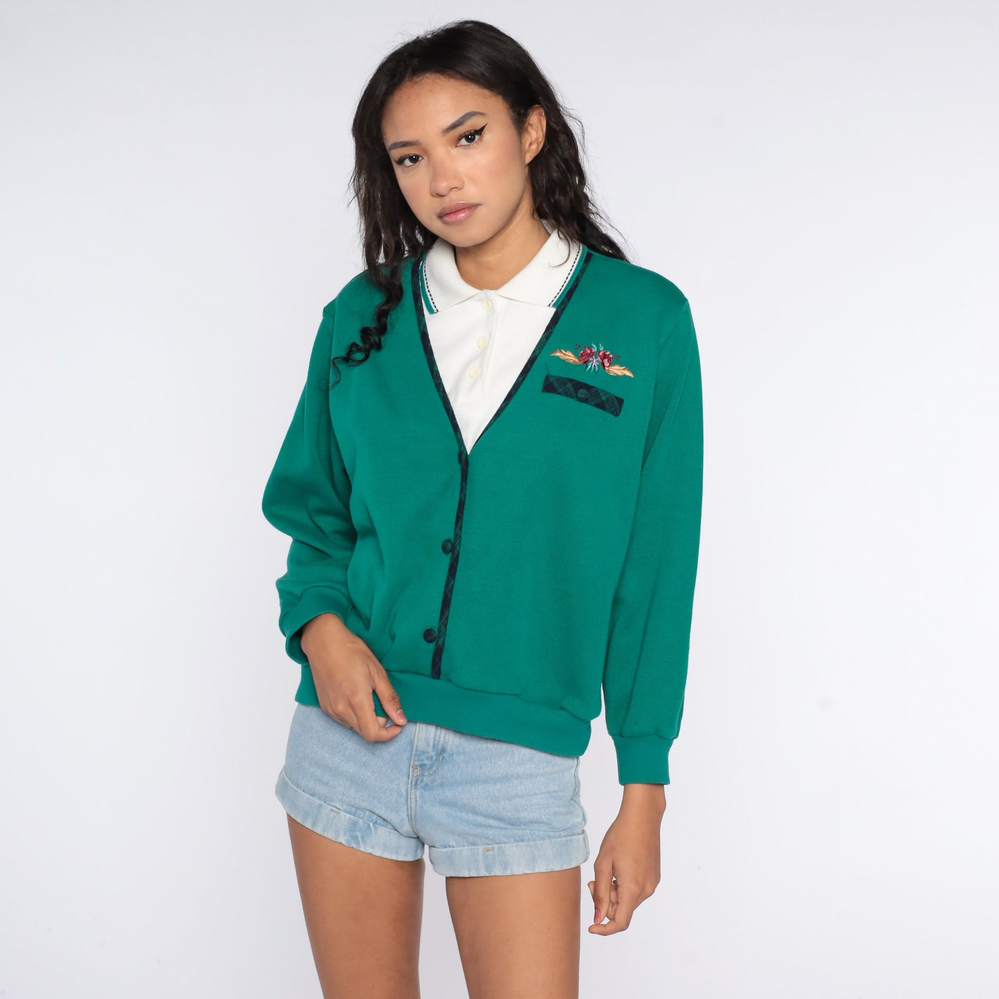 80s Floral Embroidered Sweatshirt Green Layered 2fer Pullover Large L