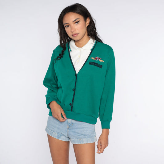 80s Floral Embroidered Sweatshirt Green Layered 2fer Pullover Large L