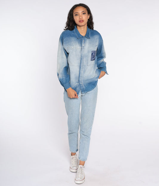 90s Anchor Blue Denim Pearl Snap Western Shirt Small