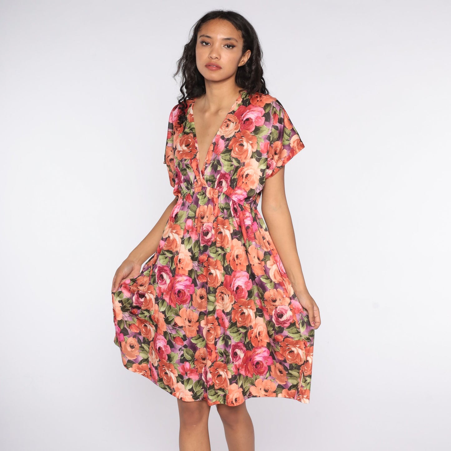 80s Floral Midi Dress Deep V Neck High Waist Short Sleeve Medium