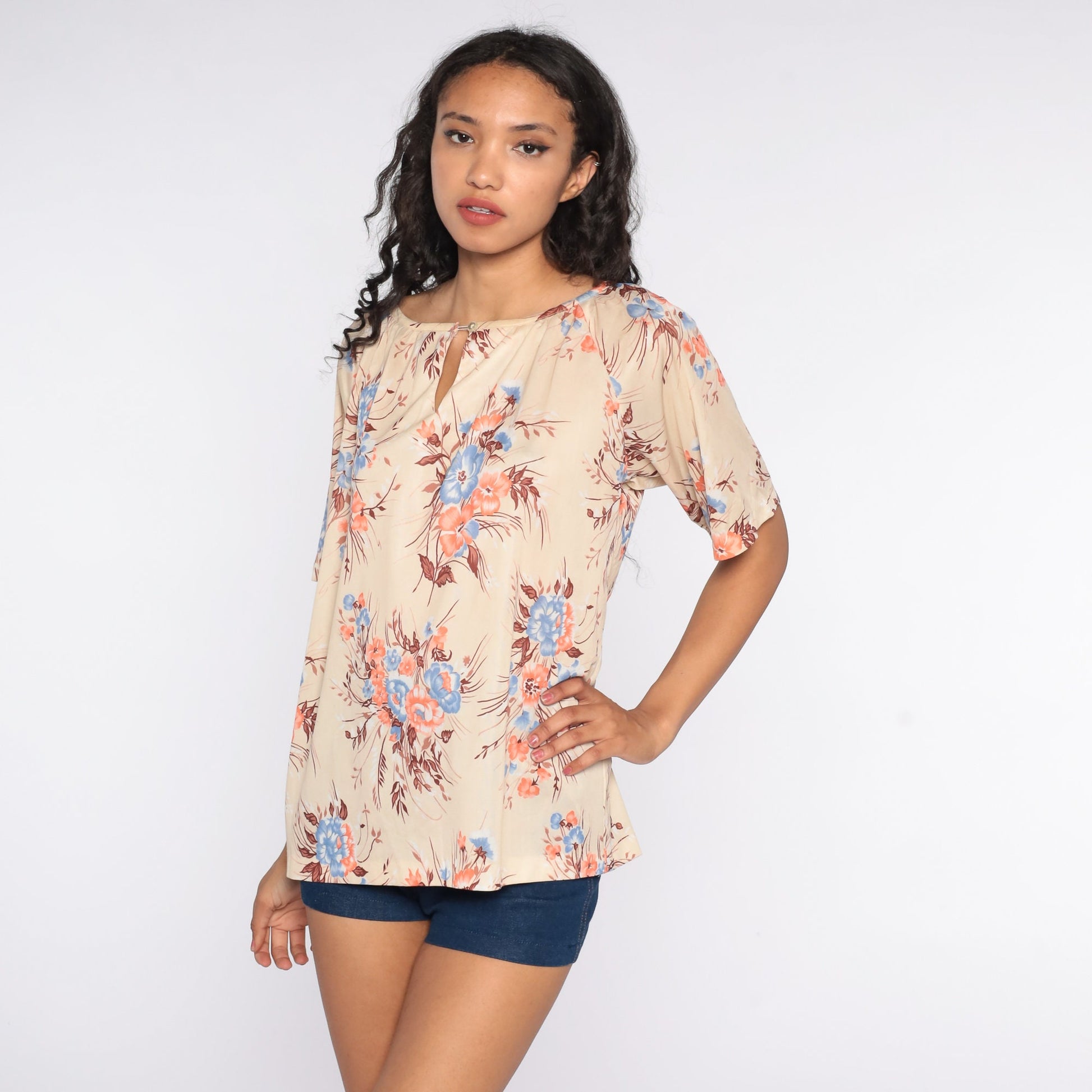 70s Floral Keyhole Blouse Cream Short Sleeve Vintage Shirt Large