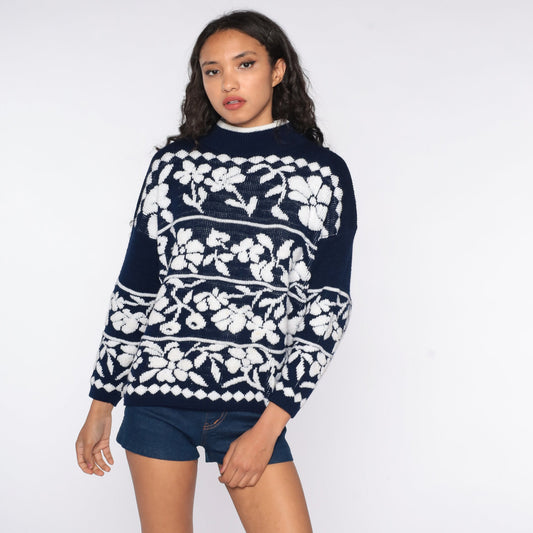 80s Floral Mock Neck Sweater Navy Blue Pullover Large