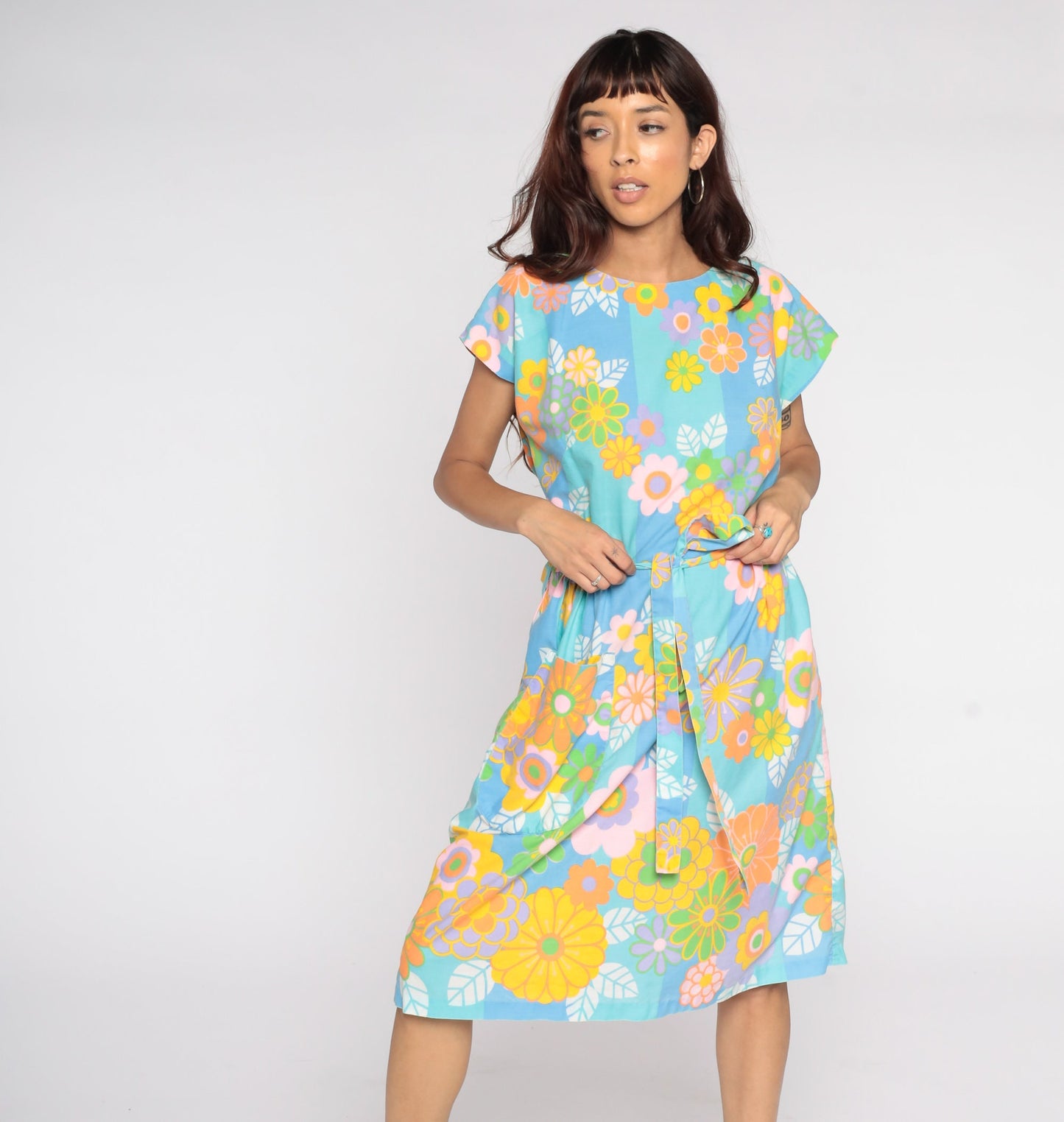 1960s Floral Wrap Dress Midi Blue Orange Flower Print Large L