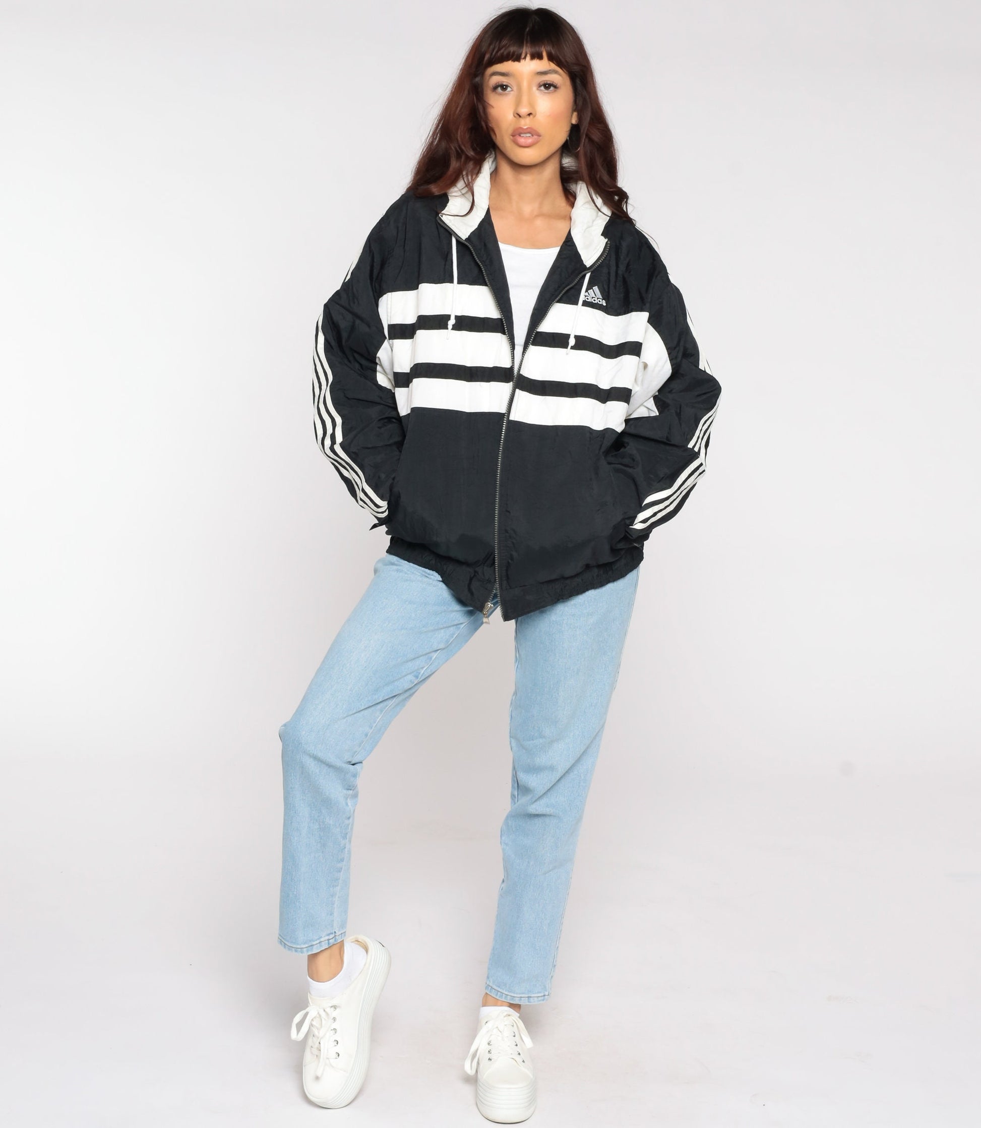 90s Adidas Black Nylon Hooded Jacket Striped Medium
