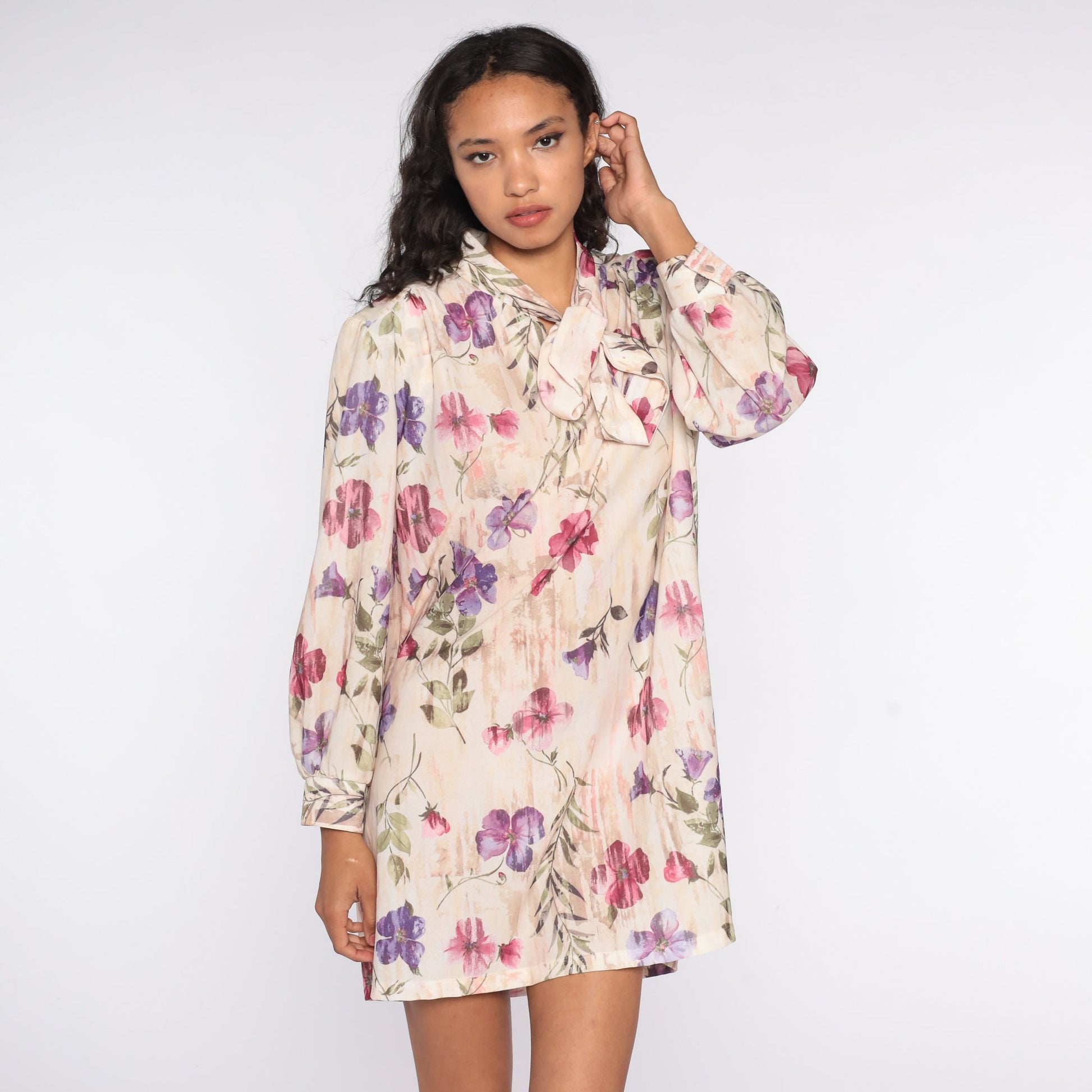 70s Floral Necktie Mini Dress Plus Size Long Sleeve Pullover XXL
