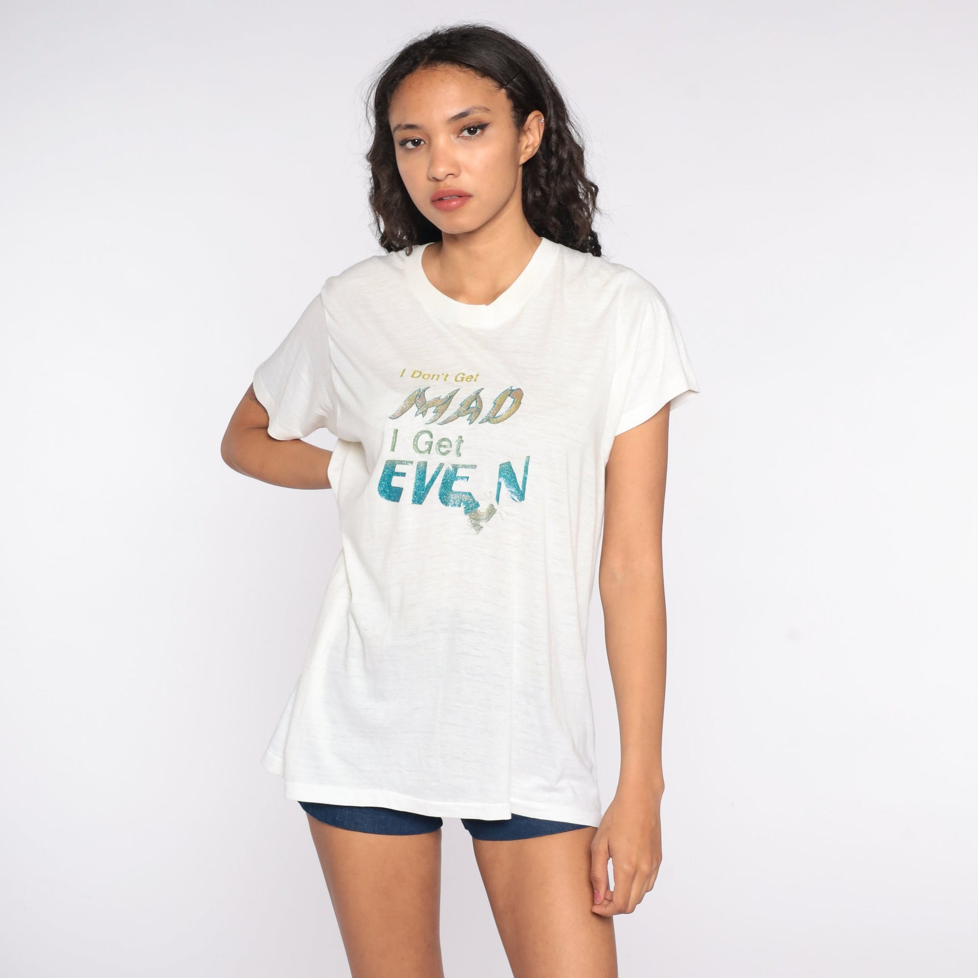 70s I Don't Get Mad I Get Even Iron On Graphic Tee Single Stitch Large
