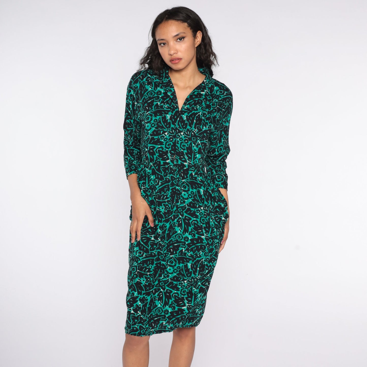 80s Tropical Jungle Print Midi Dress High Waisted Pencil Button Up Green Small