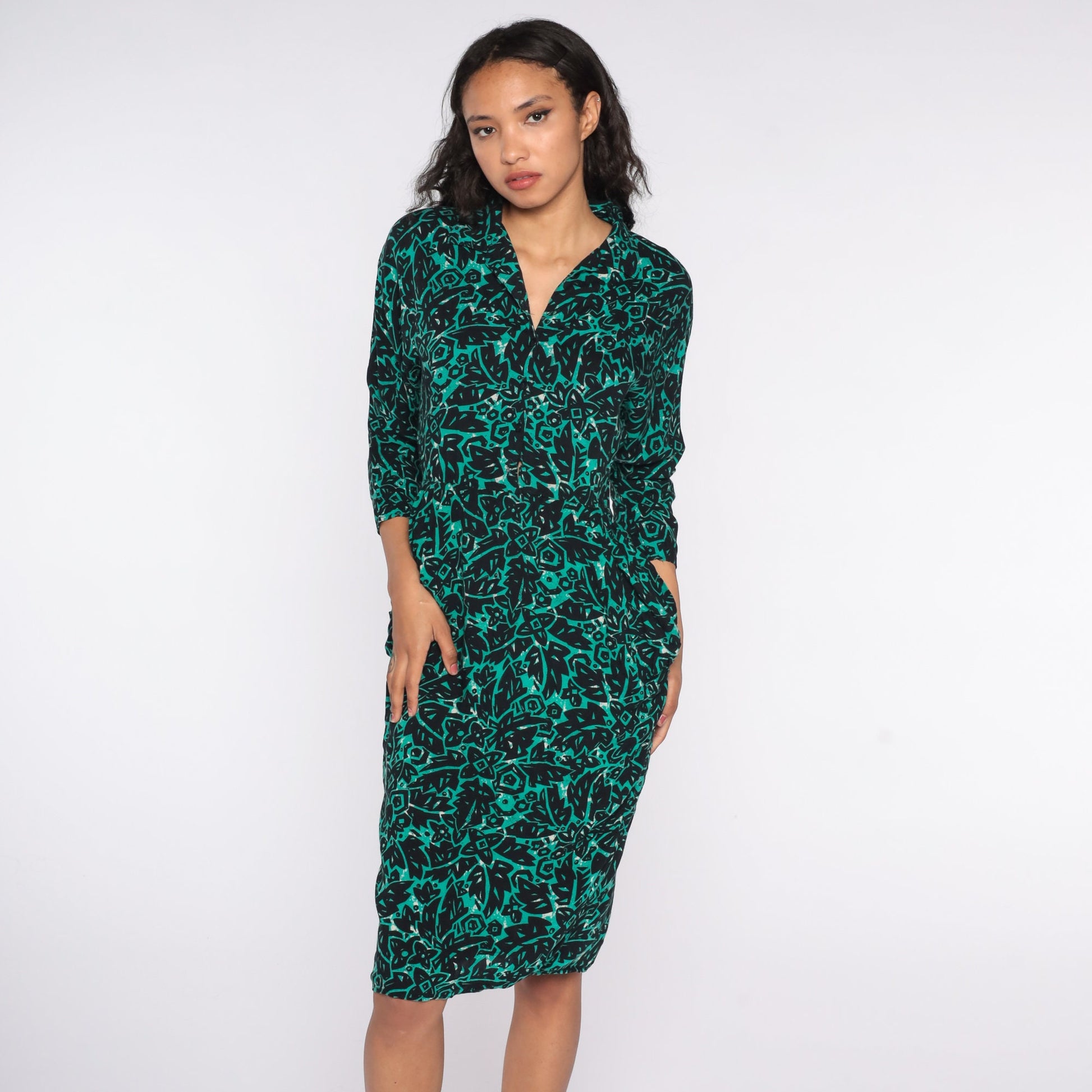 80s Tropical Jungle Print Midi Dress High Waisted Pencil Button Up Green Small