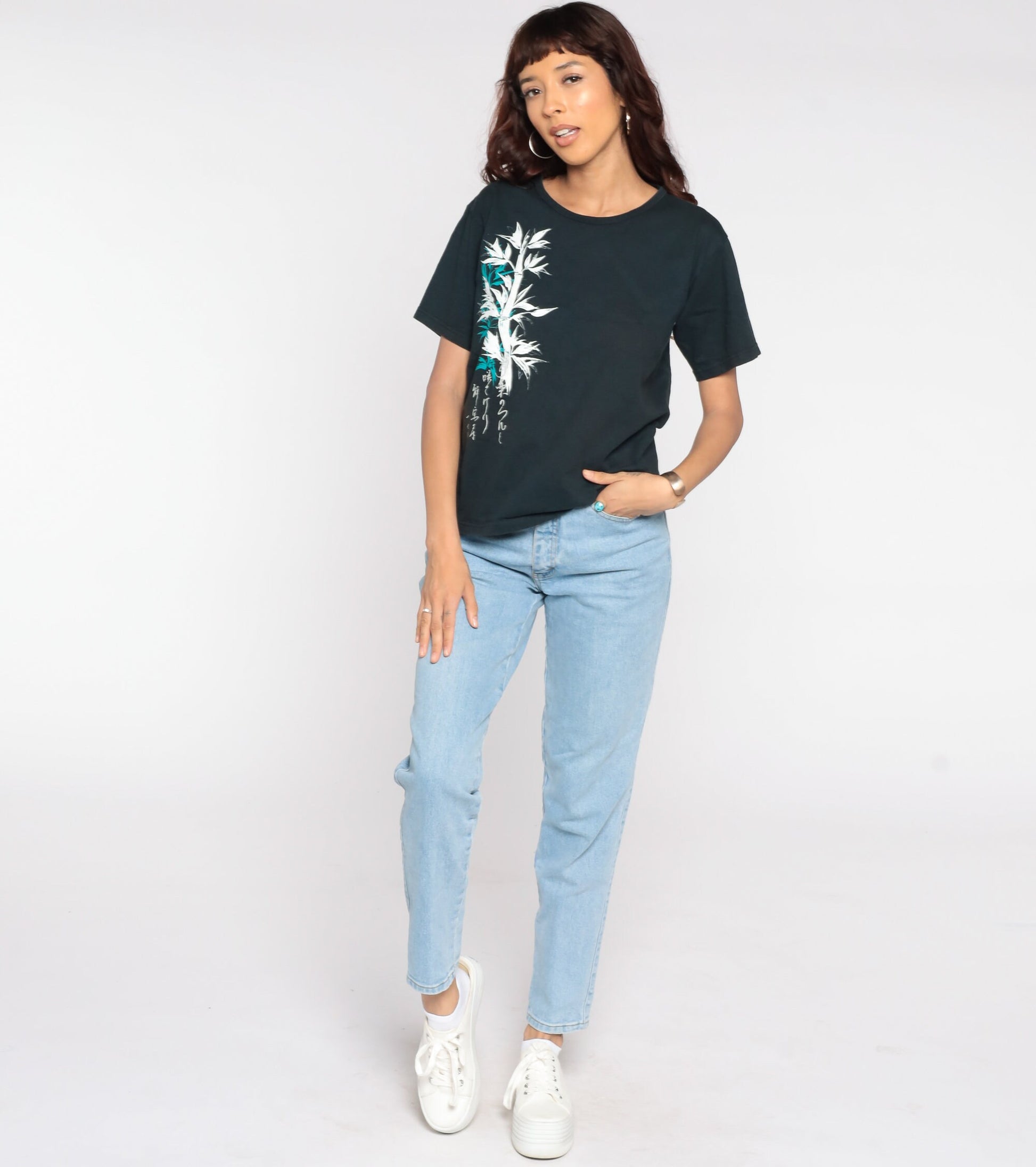 90s Bamboo Print Graphic T-Shirt Black Cotton Tee Medium