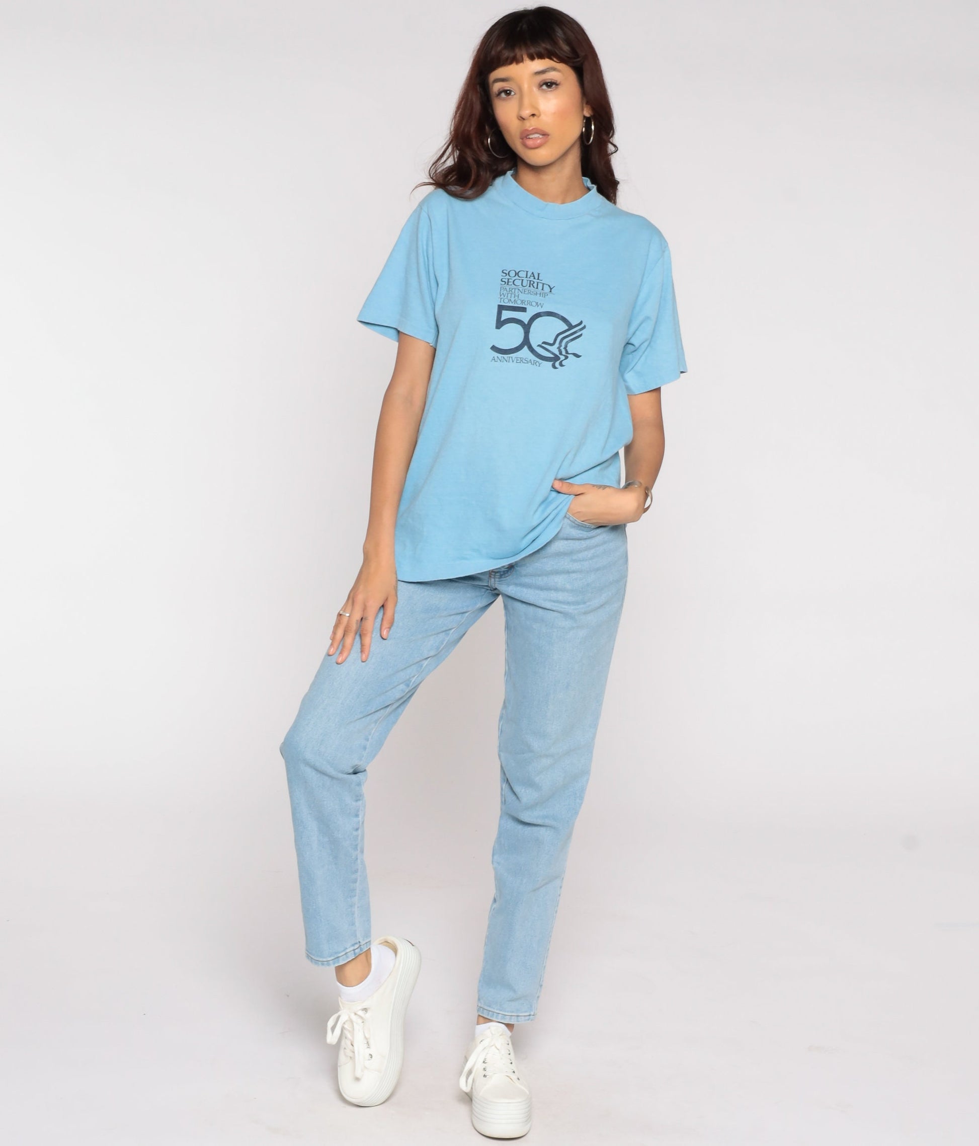 1985 Social Security Graphic T-Shirt 80s Slogan Tee Baby Blue Medium