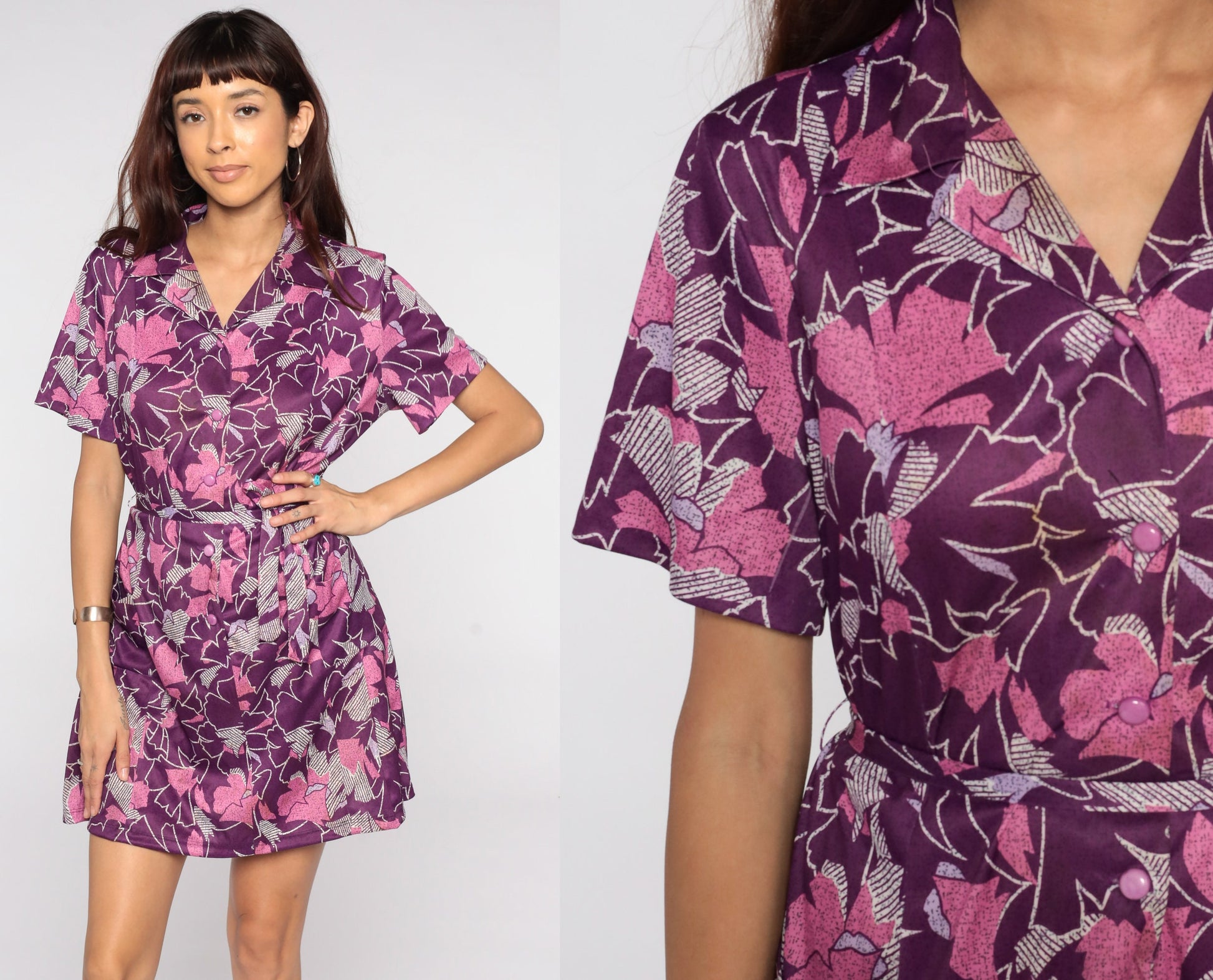 60s Purple Floral Shift Dress Button Front Mini Short Sleeve Extra Small