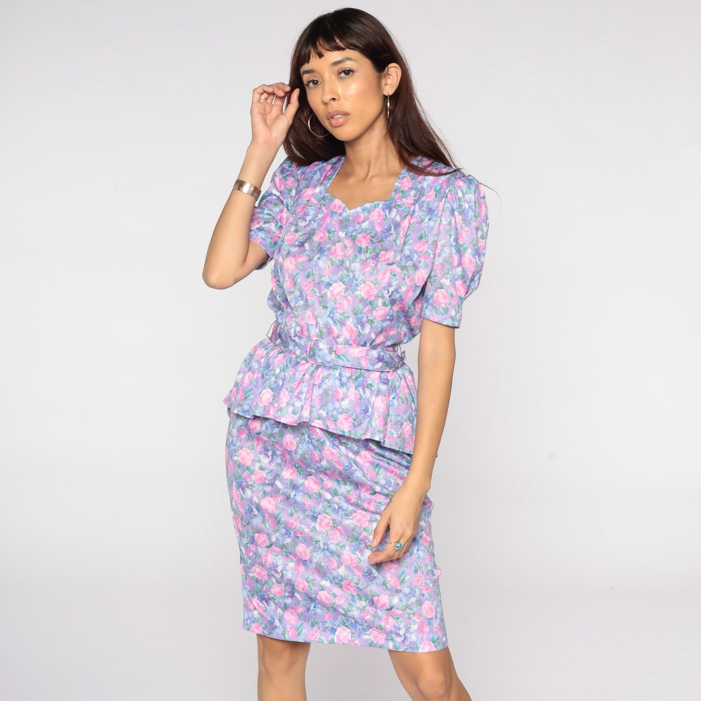 80s Purple Floral Peplum Dress Puff Sleeve Midi Pencil Wiggle Medium