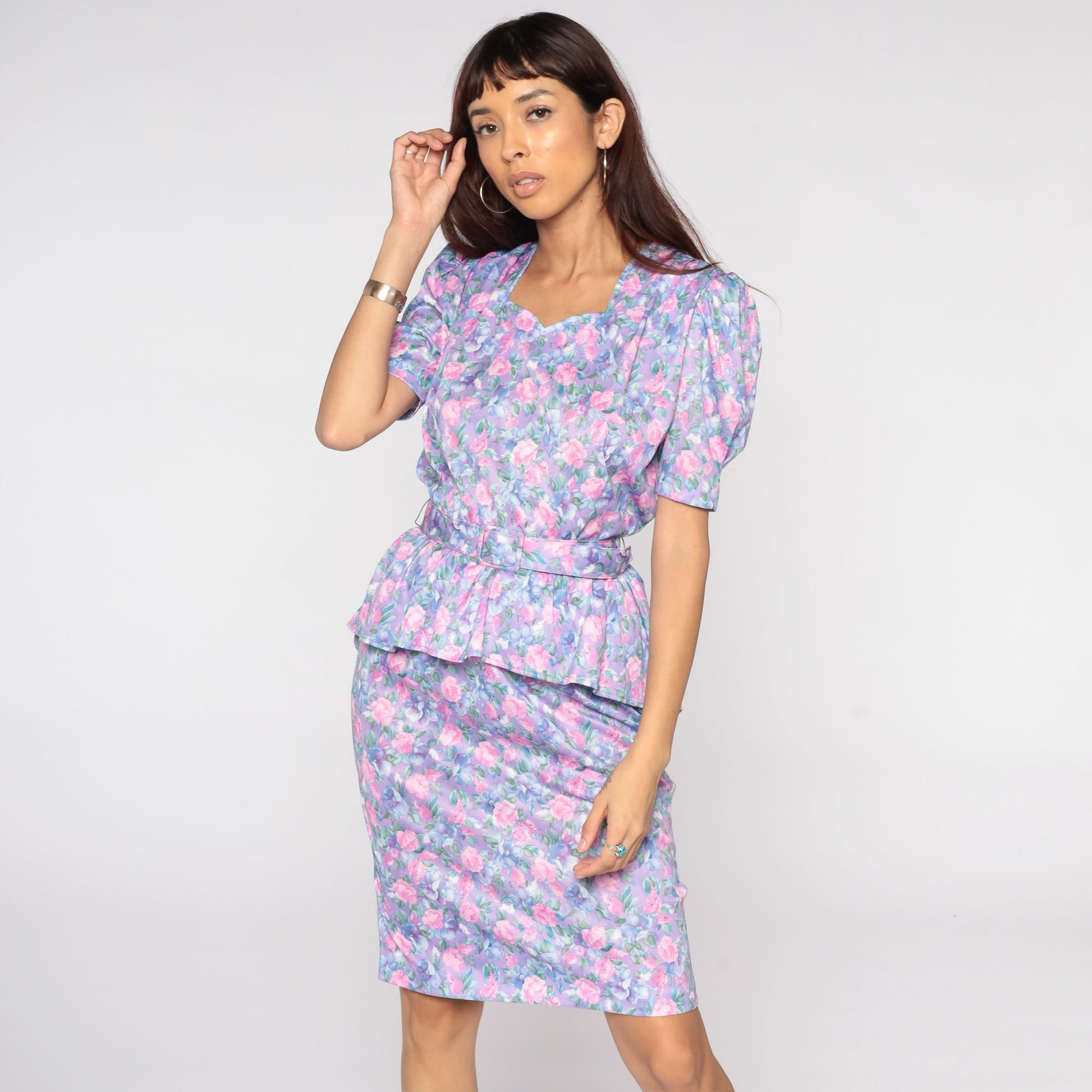 80s Purple Floral Peplum Dress Puff Sleeve Midi Pencil Wiggle Medium