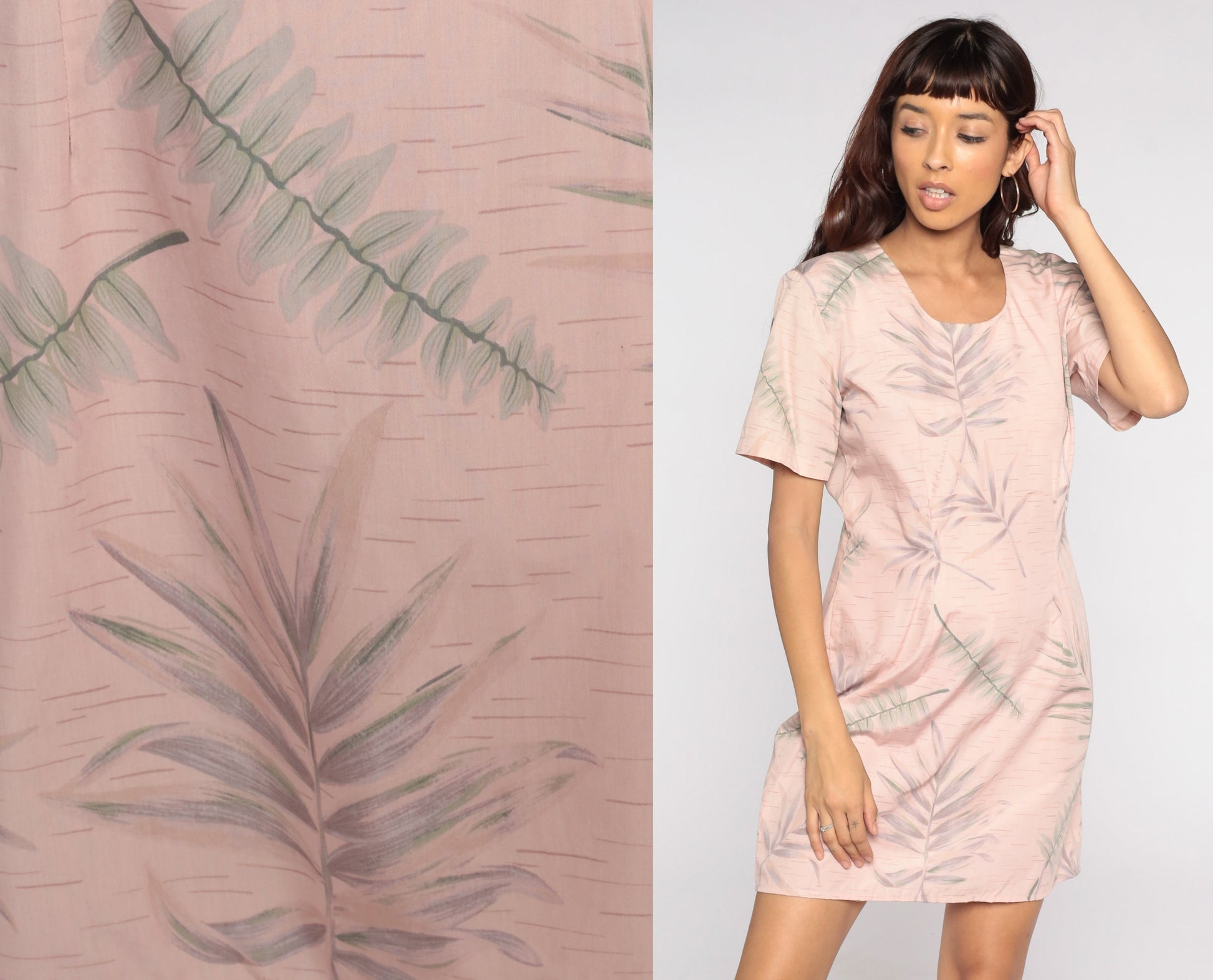 90s Hawaiian Print Mini Dress Pink Tropical Leaf Sheath Medium