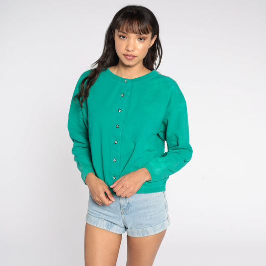 80s Green Button-Up Cardigan Sweatshirt Cotton Blend Large