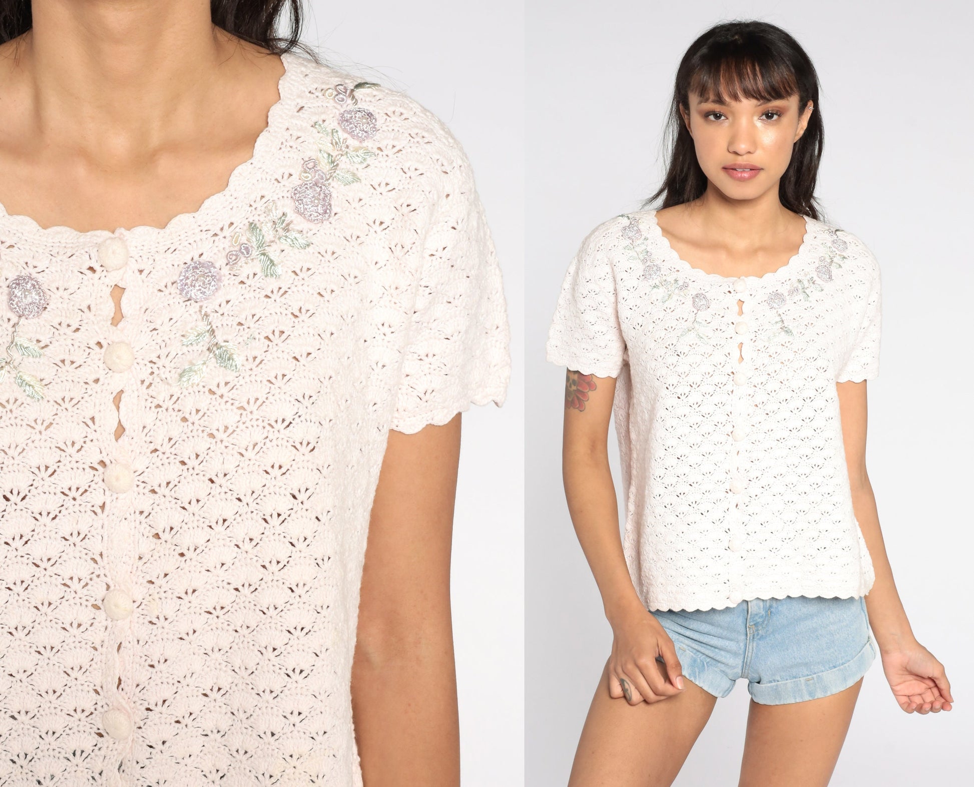 90s White Crochet Blouse Floral Embroidery Button-Up Short Sleeve Medium Large